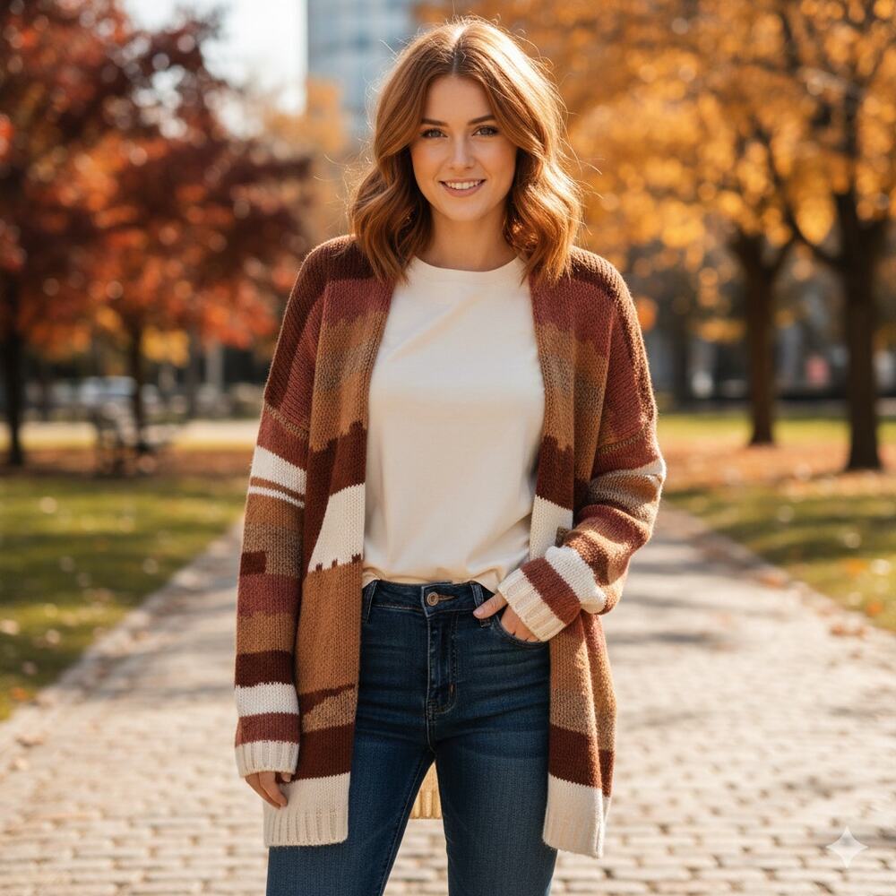 Elsamanda Aztec Print Drape Cardigan Womens Medium Brown Colorblock Layer Topper